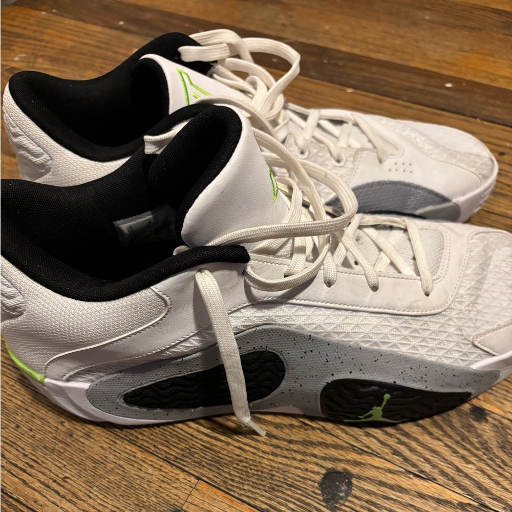 Jordan White and Gray Sneakers with Green Accents